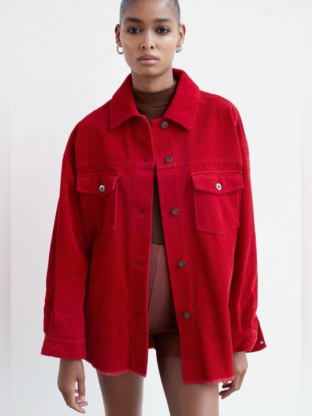 Zara Bright Red Corduroy Overshirt Jacket Size XL